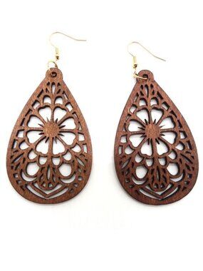 Earrings Wood Flower Large Hollow Cut Dangle Boho Hippie Trendy Stylish Ornate